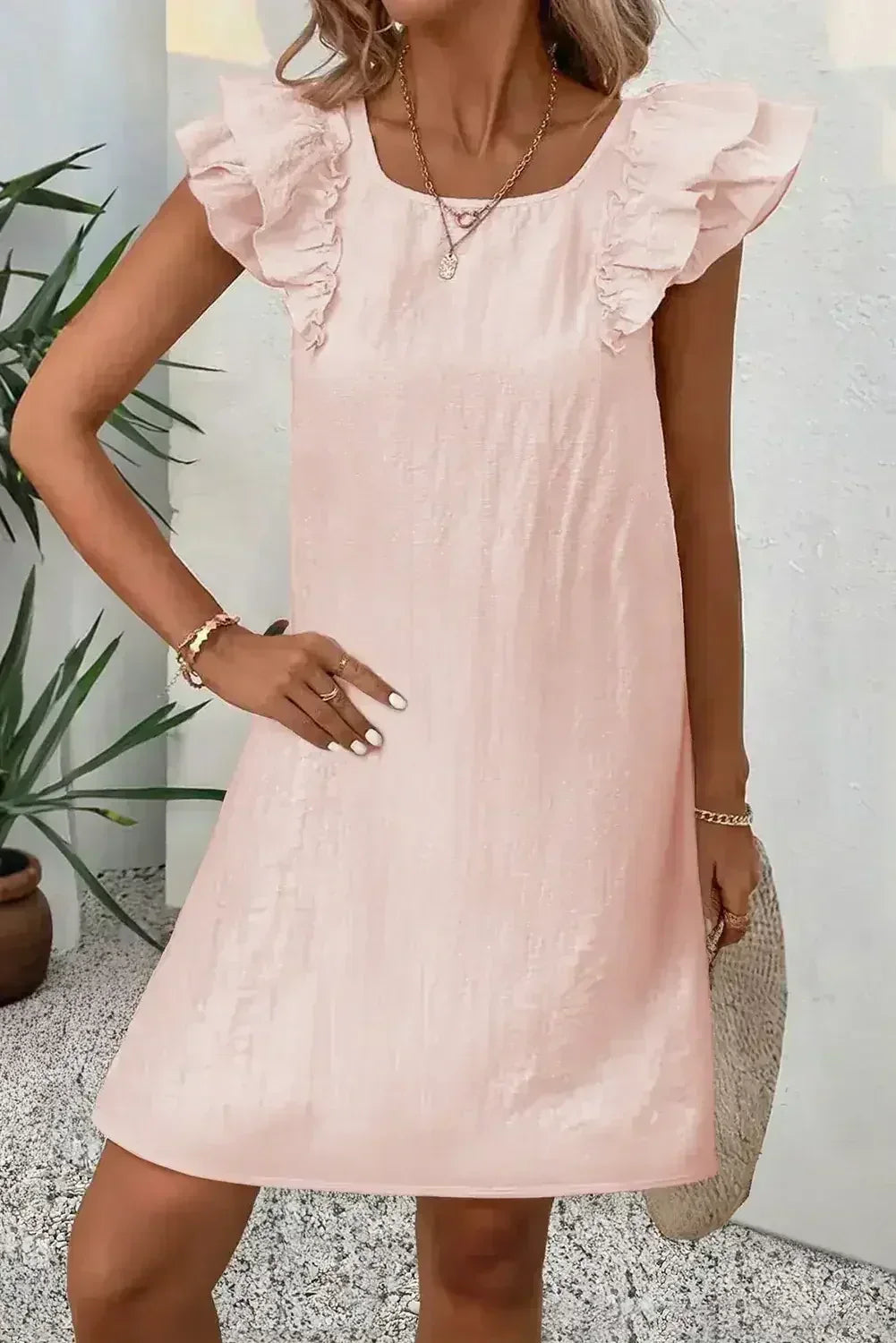 Light Pink Textured Flutter Sleeve Square Neck Bow Back Mini Dress