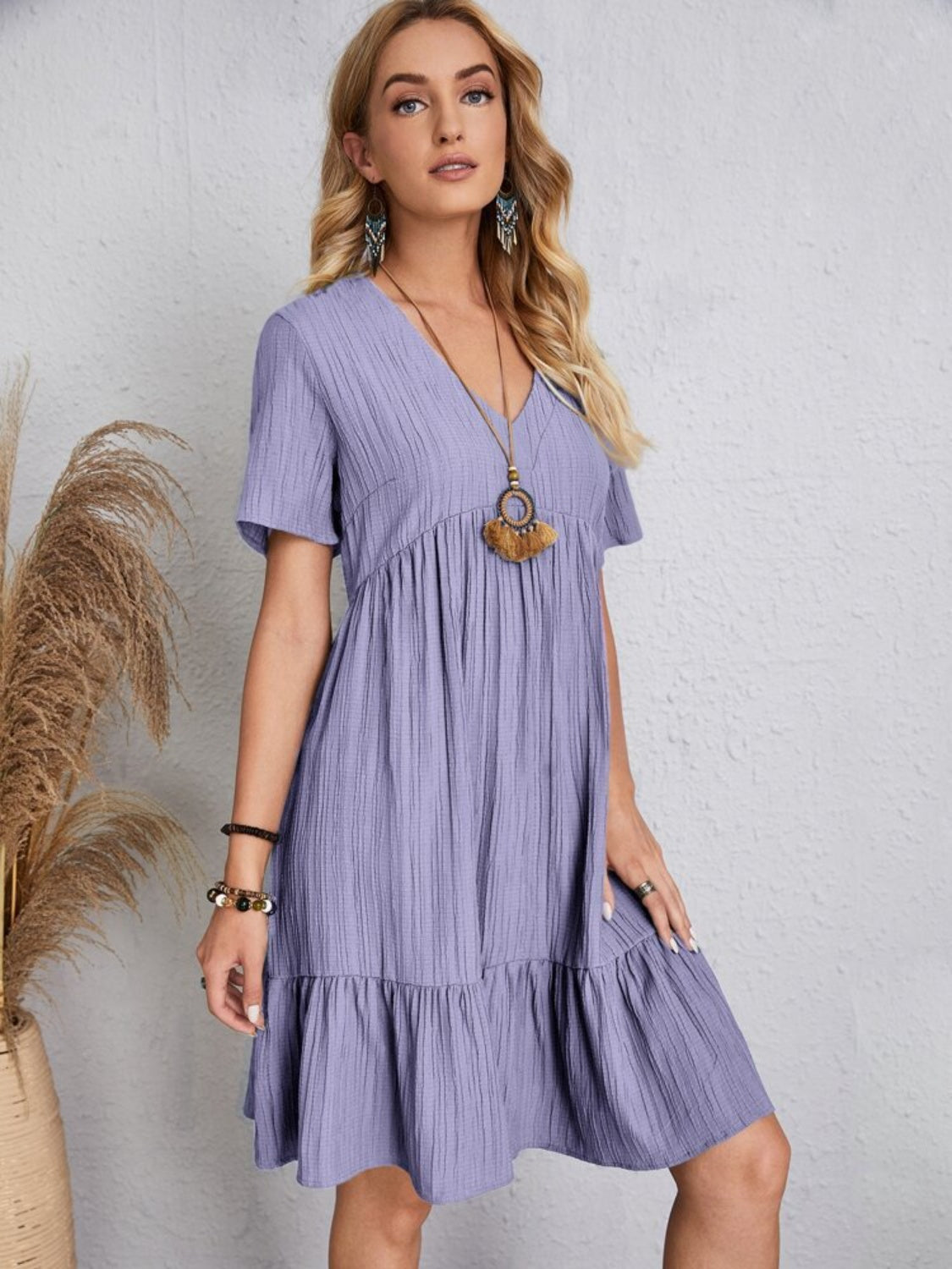 Classic Full Size V-Neck Short Sleeve Dress Casual & Comfortable Dress for Women