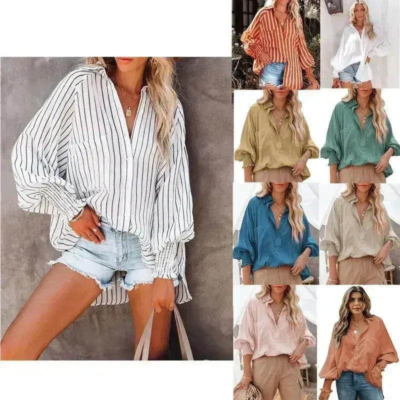 Spring And Autumn New Lapel Shirts Thin Mid Length Striped Casual Long