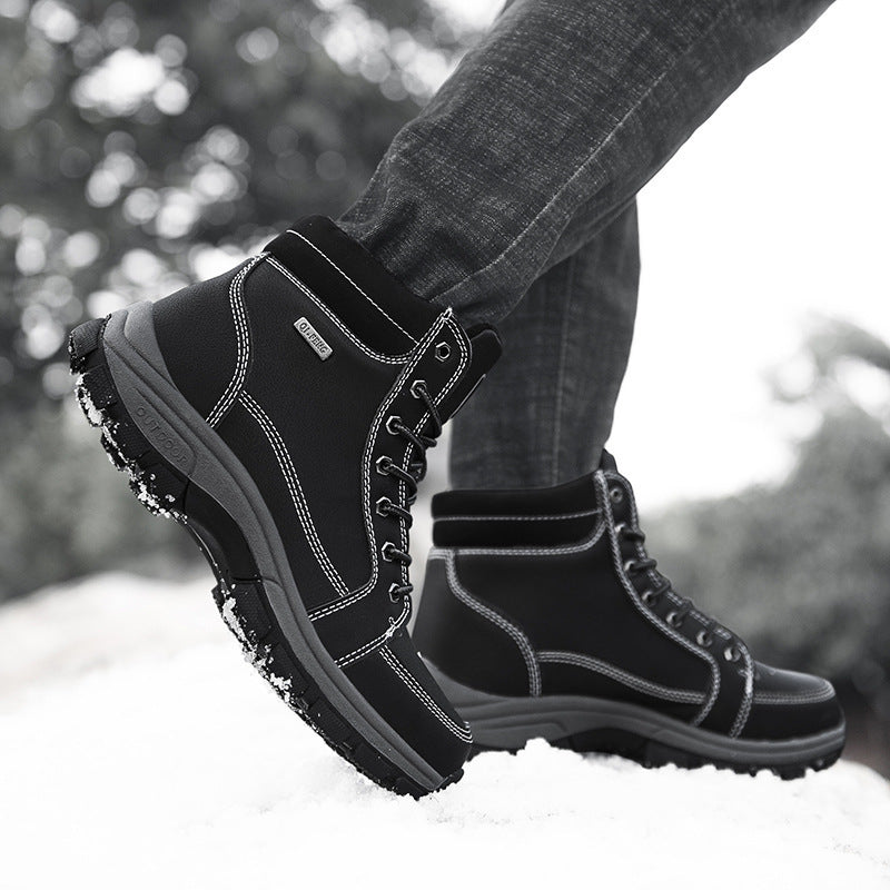 Brown Winter Mens Snow Boots Warm Plush Boots Waterproof Leather Ankle Boots Fashion Outdoor Non-slip Men's Hiking Boots Winter Ankle Snow Hiking Boots Warm Water Resistant Sport Shoes
