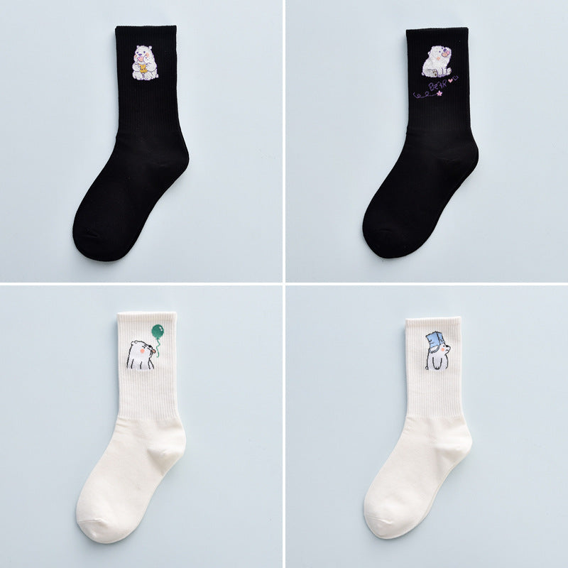 4Pair Spring And Summer Combed Out Of Pure Cotton Socks Mid Waist Fashion Bear Socks Cute Animal Socks Kawaii Cute Cartoon Purple College Socks For Men And Women