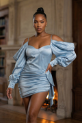 Athina elegant puff shoulder satin mini dress