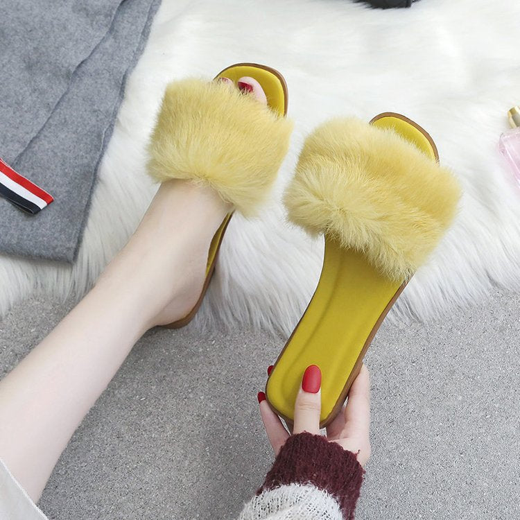 Fashion Fur Flat Women's Slippers Plus Size Spring Summer Fluffy Fur Slippers Shoes Woman Plush Fur Slip On Flip Flop Flat Furry Fur Slides Outdoor Sandals Furry Slides Summer Sandals Open Toe Indoor Outdoor Fluffy Slides