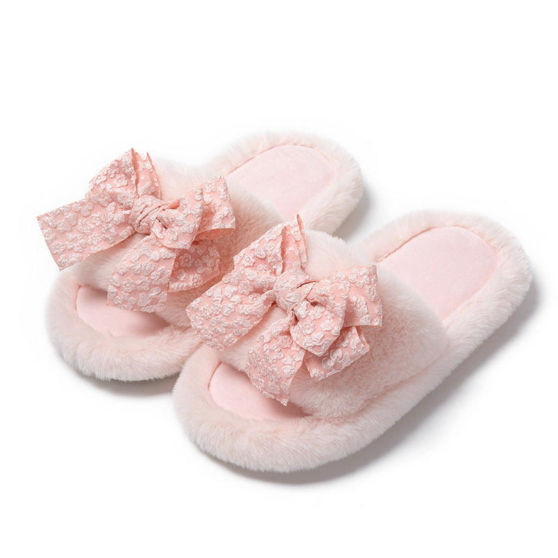 Cotton Slippers Women Autumn And Winter Home Plush Wind Bow Soft Bottom Indoor Outdoor Wear Slippers Fluffy Memory Foam Fur Furry Womens Slippers Cozy Warm Fur Bedroom Slippers