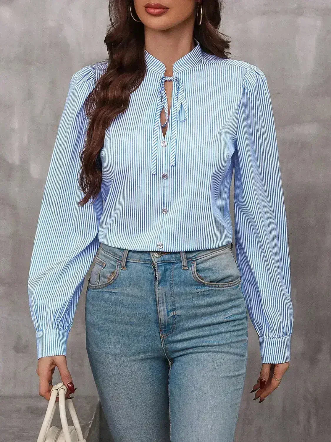 Striped Tie Neck Long Sleeve Blouse – Femstylo