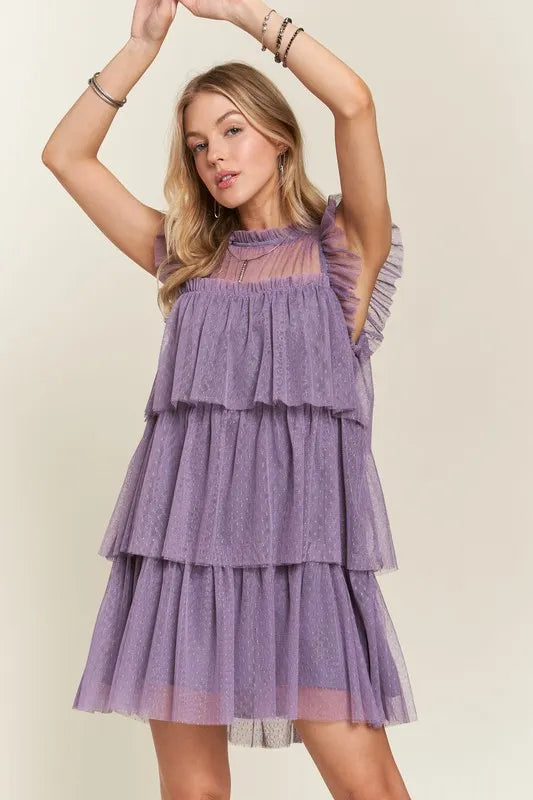 Layered Ruffled Cap Sleeve Mesh Dress For Women – Romantic Mesh Dress with Lace & Ruffled Layers for Elegant Parties & Special Events