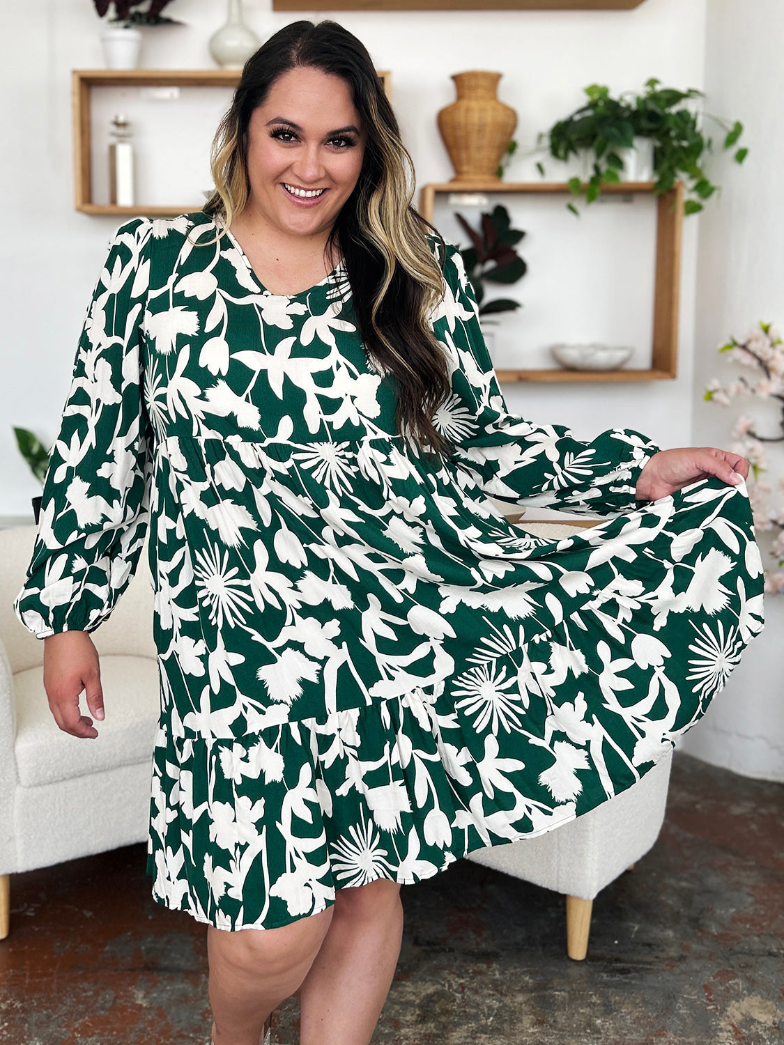 Double Take Full Size Printed Ruffle Hem Dress with Pocket Stylish & Functional Women Dress