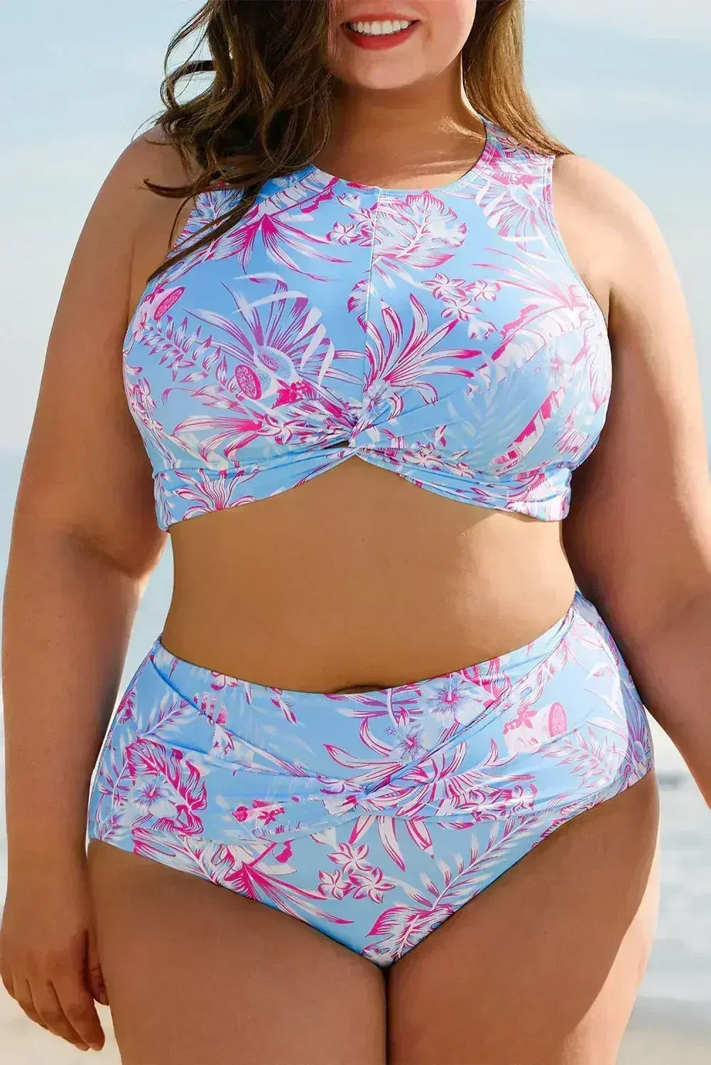 Rose Plus Size Floral Print Twisted High Waist Bikini Set