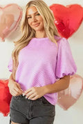 Phalaenopsis Puff Sleeve Blouse - Textured O-Neck Top | Femstylo