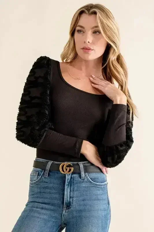 Textured Puff Sleeve Bodysuit | Lace Detail & Decorative Buttons - Femstylo