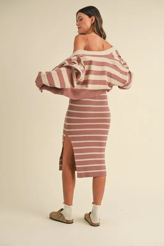 Stripe Crop Cardigan and Bodycon Dress Sweater Set – Two-Piece Knit Set, Striped Crop Cardigan Dress, Cozy Sweater Dress Set, Chic Layered Knit Outfit