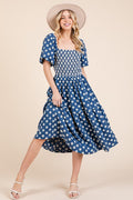 New Floral Embroidered Smocked Puff Sleeve Tiered Midi Dress For Women – Elegant, Romantic, Feminine, and Stylish Midi Dress with Floral Embroidery