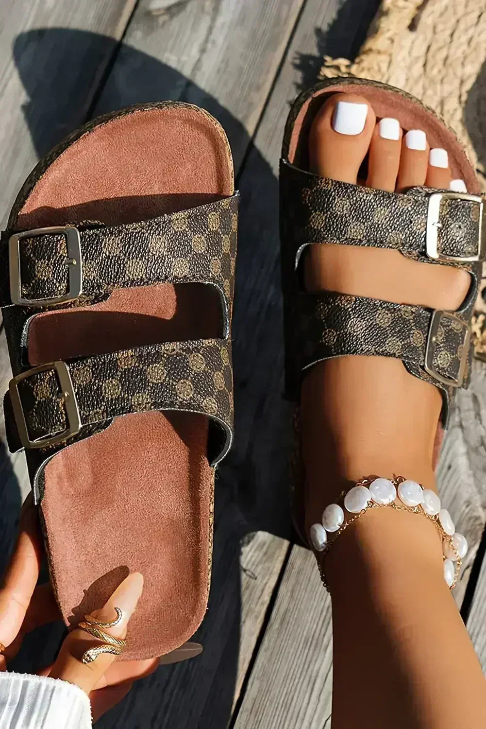 Coffee Vintage Double Buckle Comfortable Slippers
