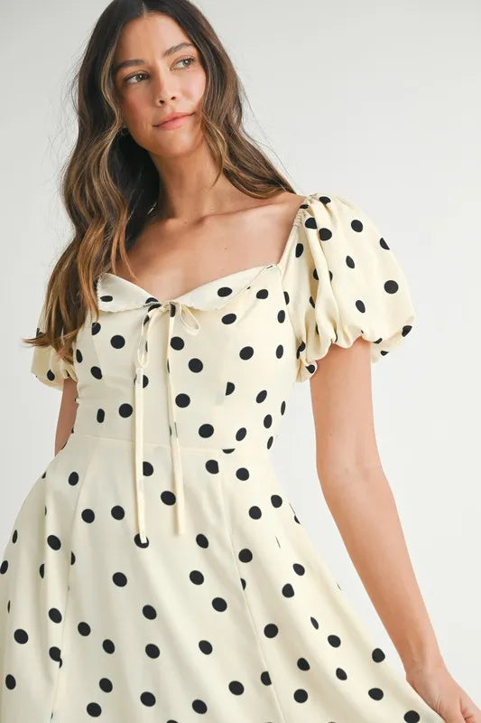 Polka Dot Puff Sleeve Midi Dress For Women – Vintage Fluttering Polka Dot Dress, Feminine Puff Sleeve Dress, Retro Midi Dress, Classic Chic Dress
