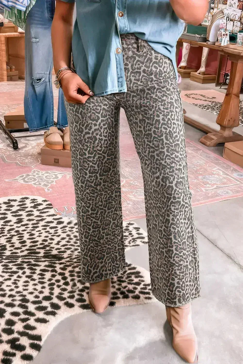 Brown Leopard High Waist Frayed Hem Jeans