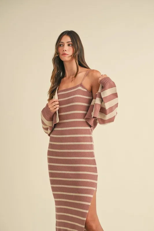 Stripe Crop Cardigan and Bodycon Dress Sweater Set – Two-Piece Knit Set, Striped Crop Cardigan Dress, Cozy Sweater Dress Set, Chic Layered Knit Outfit