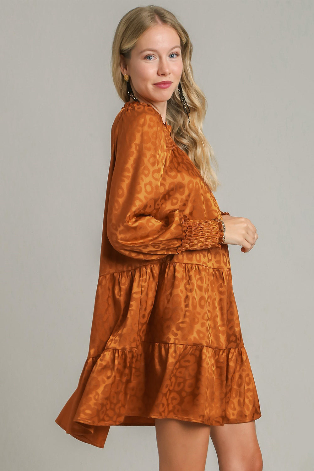 Smocked Leopard Long Sleeve Tiered Dress – Smocked Bodice, Bold Leopard Print, Tiered Design, Frill Details, Chic Dress for Casual and Semi-Formal Occasions