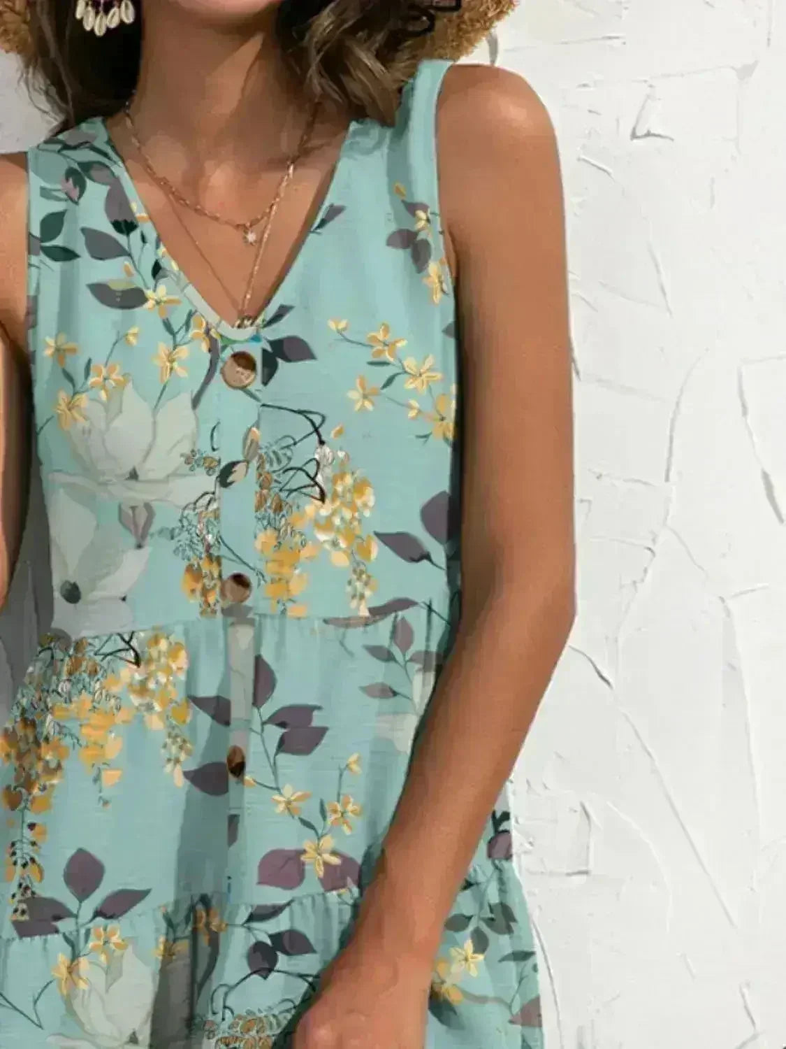 Printed V-Neck Mini Dress – Sleeveless & Button Detail