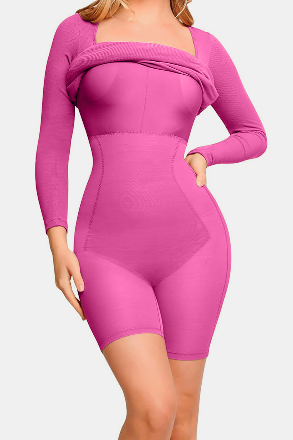Elegant Black Full Size Built-In Shapewear Square Neck Long Sleeve Dress Sculpting Fit Dress for Women