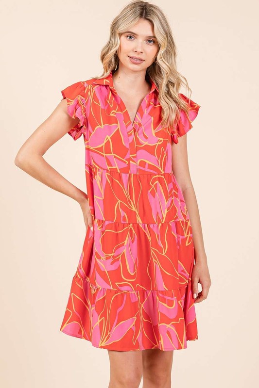 Leaf Print Ruffle Sleeve Tiered Mini Dress For Summer – Fluttering, Playful and Feminine Dress with Layered Details