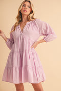 Notched Balloon Sleeve Tiered Mini Dress For Women–Trendy, Chic Style with Modern Balloon Sleeves, Tiered Layers for a Playful & Flirty Look