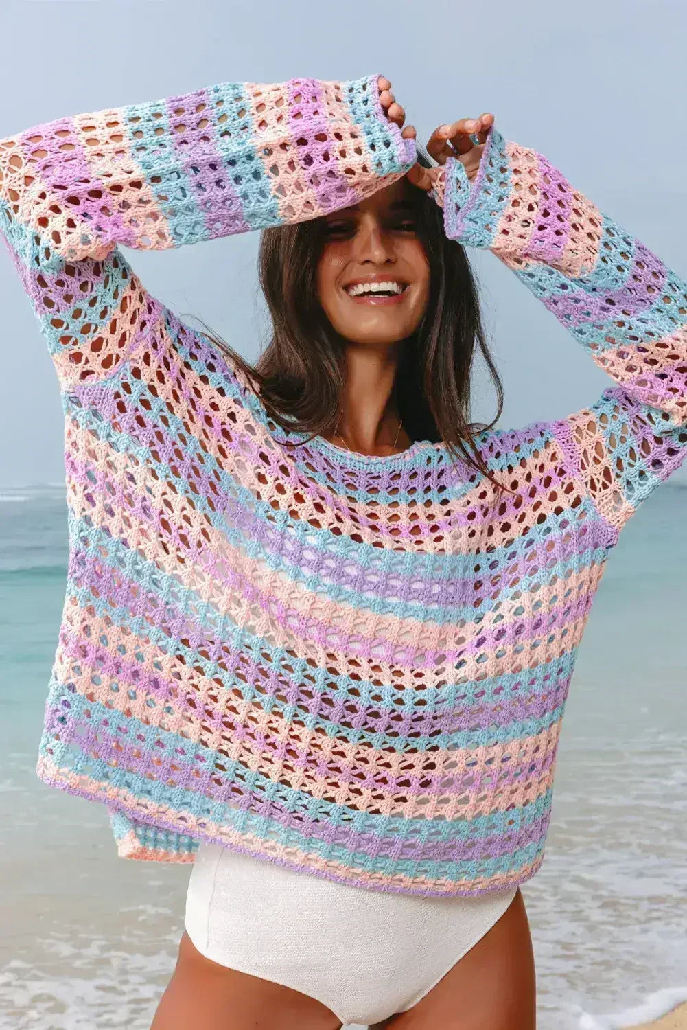 Purple Striped Hollow Knit Summer Beach Cover Up