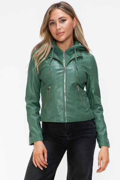 Women Classic Snobbish Faux Leather Zip-Up Drawstring Hooded Jacket Edgy & Casual PU Leather Jacket For Streetwear