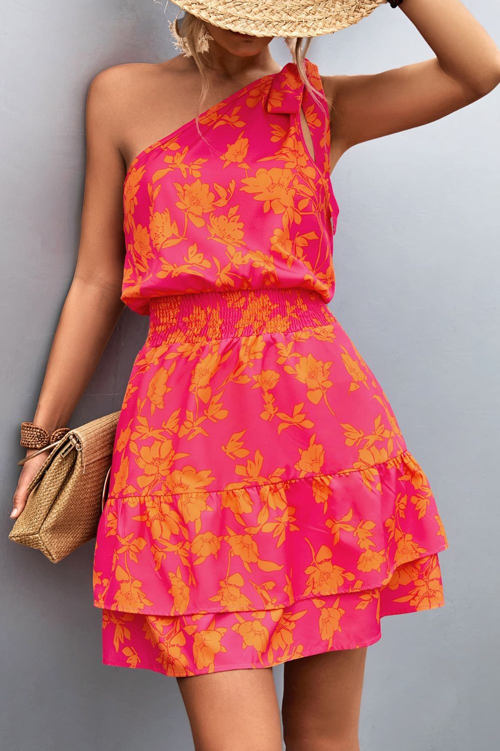 Pink Smocked Printed Single Shoulder Dress Feminine & Flattering Summer Style Dresses