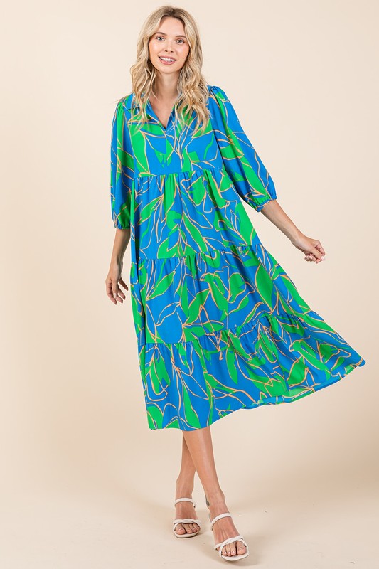 New Summer Tiered Printed Collared Neck Midi Dress – Chic and Sophisticated Midi Dress with Layered Design and Polished Collared Neckline