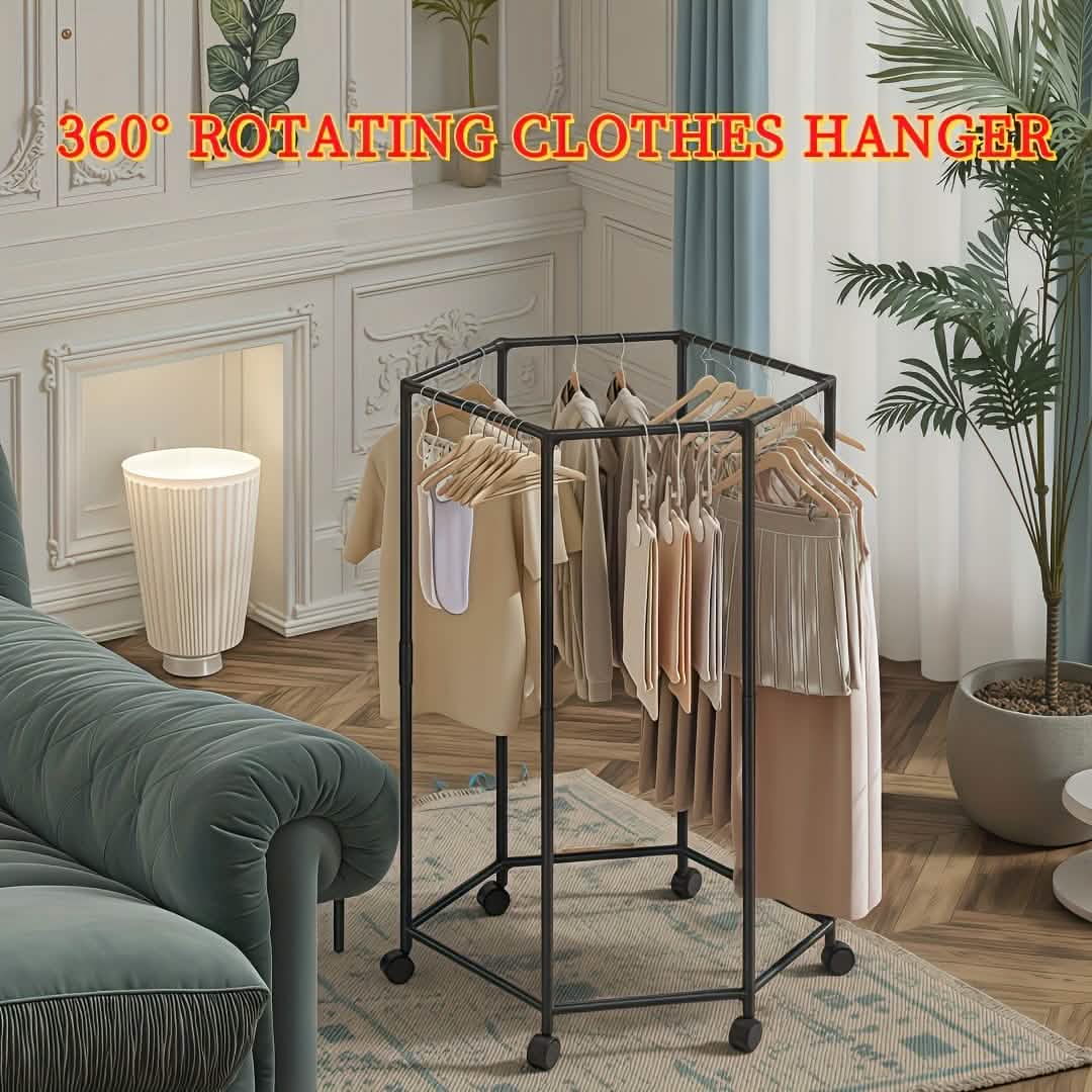 360 Rotating Freestanding Clothing Rack, Hexagonal Carbon Steel Organizer with Wheels