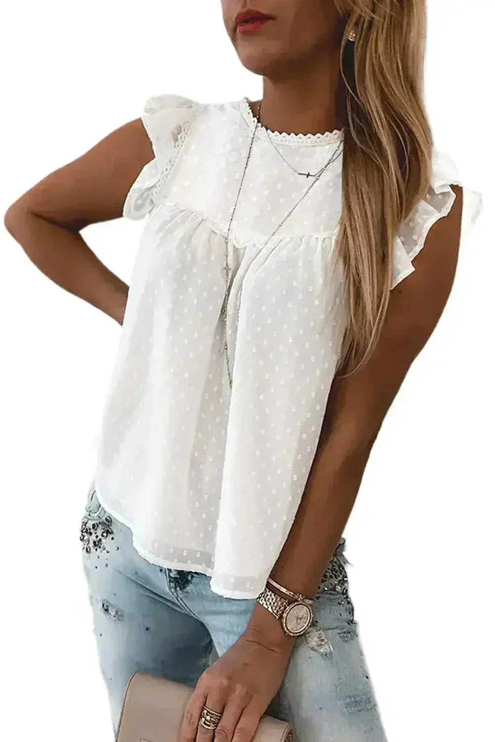 Polka Dot Lace Ruffled Tank Top