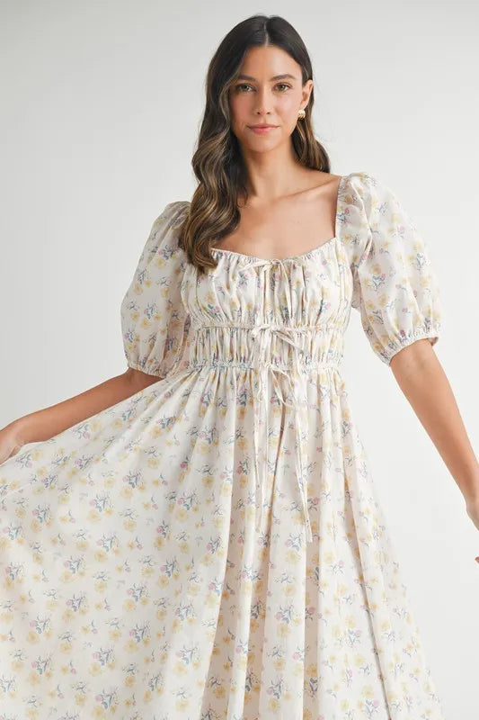 Floral Drawstring Detail Puff Sleeve Midi Dress – Romantic Floral Midi Dress, Ruched Drawstring Dress, Feminine Puff Sleeve Dress, Trendy Garden Party Dress For Summer