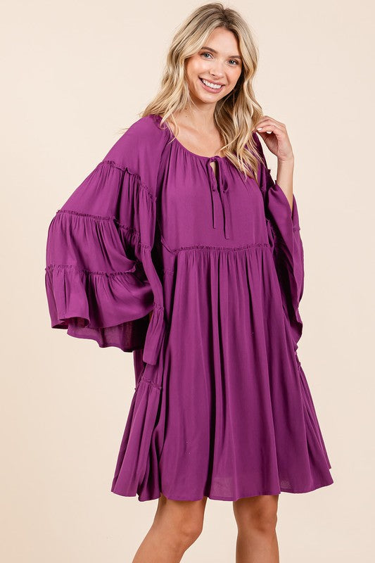 Frill Tie Neck Bell Sleeve Dress For Women – Elegant, Chic and Feminine Dress with Playful Frills and Bell Sleeves