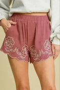Umgee Full Size Linen Blend Shorts with Floral Embroidered Details