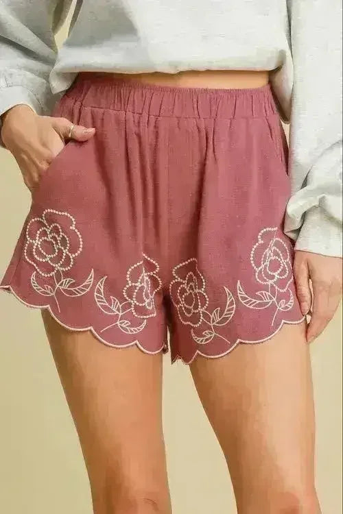 Umgee Full Size Linen Blend Shorts with Floral Embroidered Details