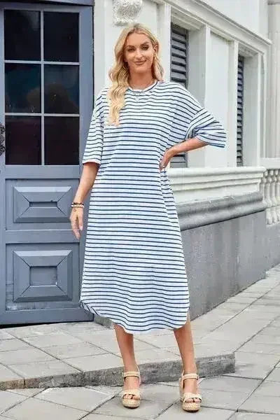 Lovelet Contrast Striped Half Sleeve Midi Tee Dress