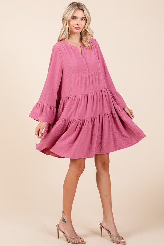 Tiered Notched Flare Sleeve Dress – Fluttering, Playful and Stylish Dress with Ruffled Layers and Trendy Flare Sleeves
