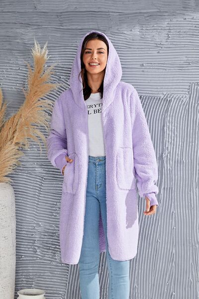 Red Double Take Full Size Hooded Teddy Bear Jacket with Thumbholes Ultra-Cozy & Stylish Comfortable Outerwear