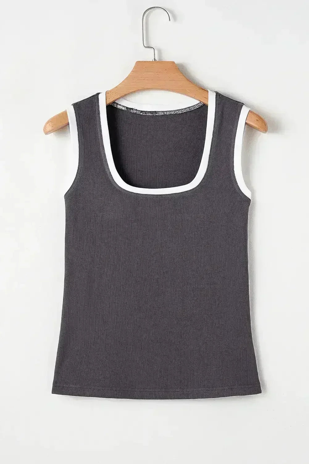Smoke Gray Ribbed Knit Contrast Neck Slim Fit Tank Top | Femstylo