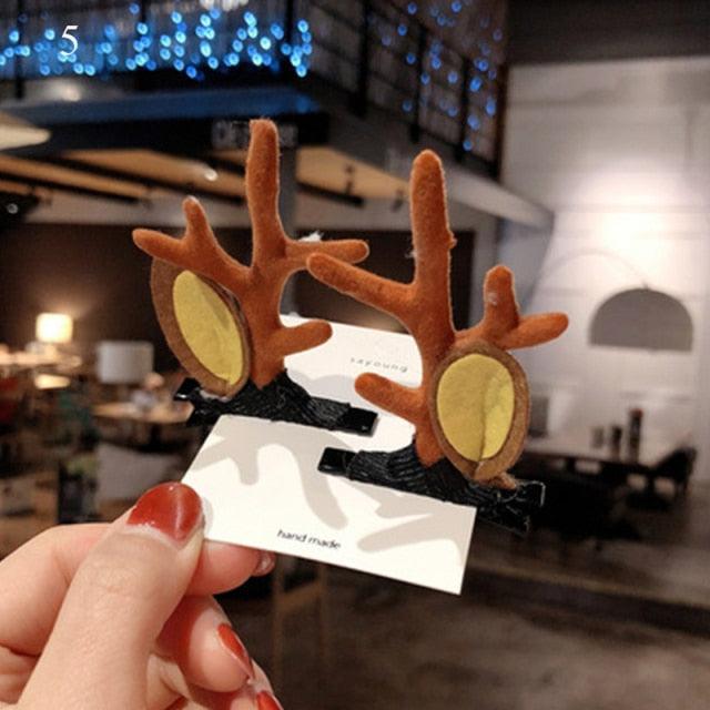 2pcs Cute Deer Ear Hairpins Christmas Hair Clips For Girls Cartoon Antlers Barrettes Lovely Pompom Hairgrips Fashion Hair Accessories For Women