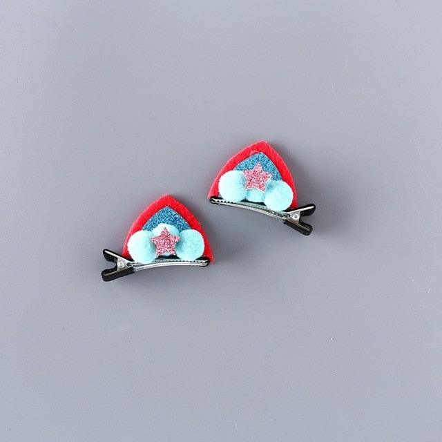 2pcs/Set Cute Hair Clips For Girls Glitter Rainbow Felt Fabric Flowers Hairpins Cat Ears Bunny Barrettes Kids Hair Accessories for Halloween Parties Cosplay for Girls