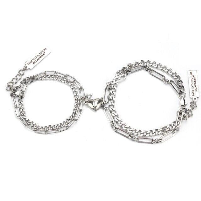 2pcs/Set Stainless Steel Double Chain Vintage Couple Bracelet Heart Magnet Attractive Magnetic Bracelet Oval Chain Paperclip Chain Double Layer Love Heart Magnet Bangle Bracelets Hypoallergenic Engraved Adjustable Couple Bracelet Set Gifts For Women Men