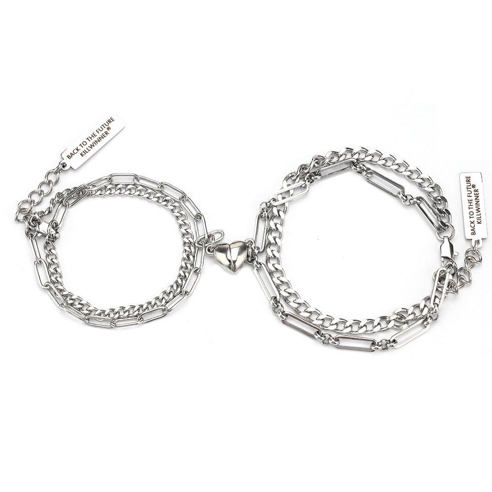2pcs/Set Stainless Steel Double Chain Vintage Couple Bracelet Heart Magnet Attractive Magnetic Bracelet Oval Chain Paperclip Chain Double Layer Love Heart Magnet Bangle Bracelets Hypoallergenic Engraved Adjustable Couple Bracelet Set Gifts For Women Men