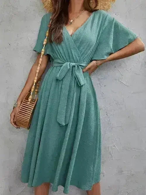 Surplice Flutter Sleeve Tie Wrist Midi Dress – Femstylo