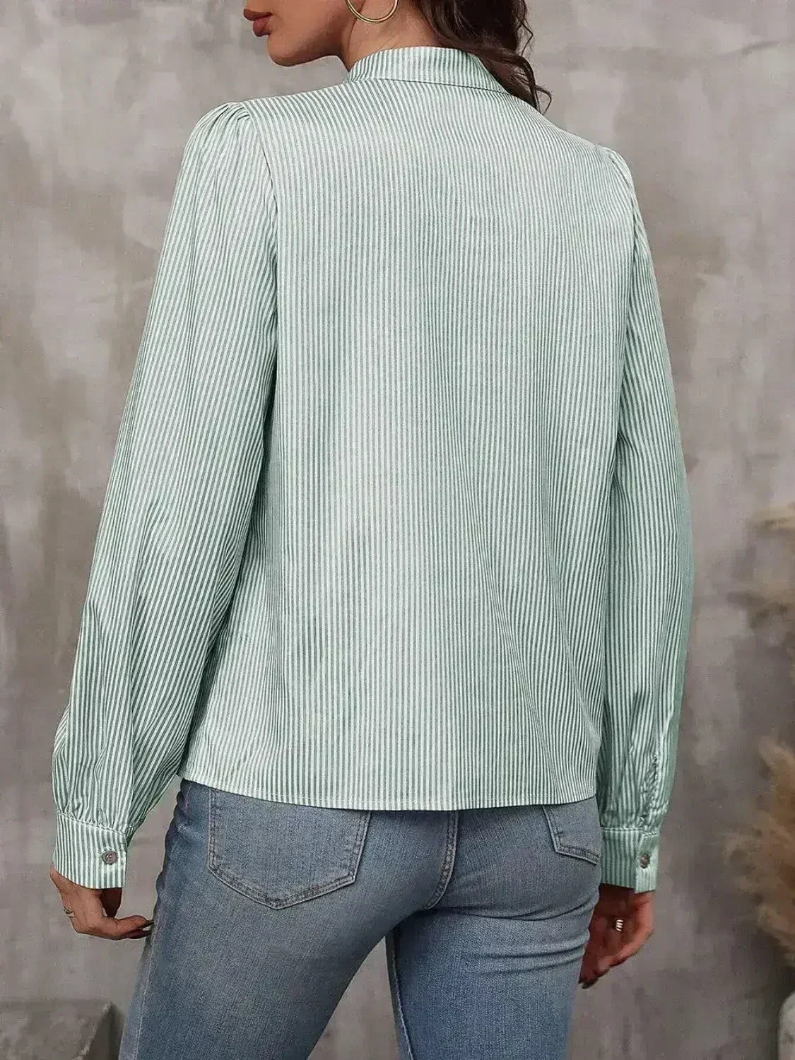 Striped Tie Neck Long Sleeve Blouse – Femstylo