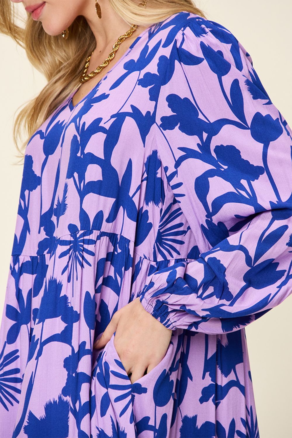 Double Take Full Size Printed Ruffle Hem Dress with Pocket Stylish & Functional Women Dress