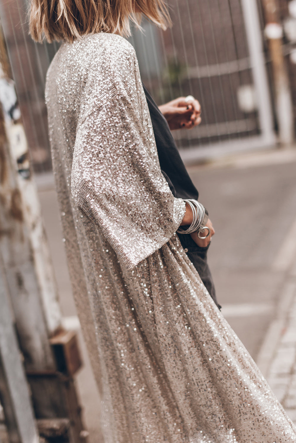 Apricot Sequin 3/4 Sleeve Open Front Duster Cardigan - Femstylo