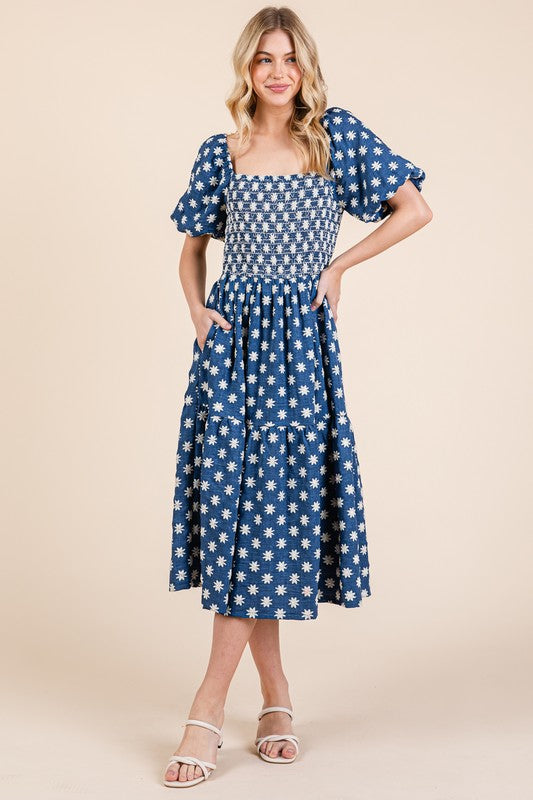 New Floral Embroidered Smocked Puff Sleeve Tiered Midi Dress For Women – Elegant, Romantic, Feminine, and Stylish Midi Dress with Floral Embroidery