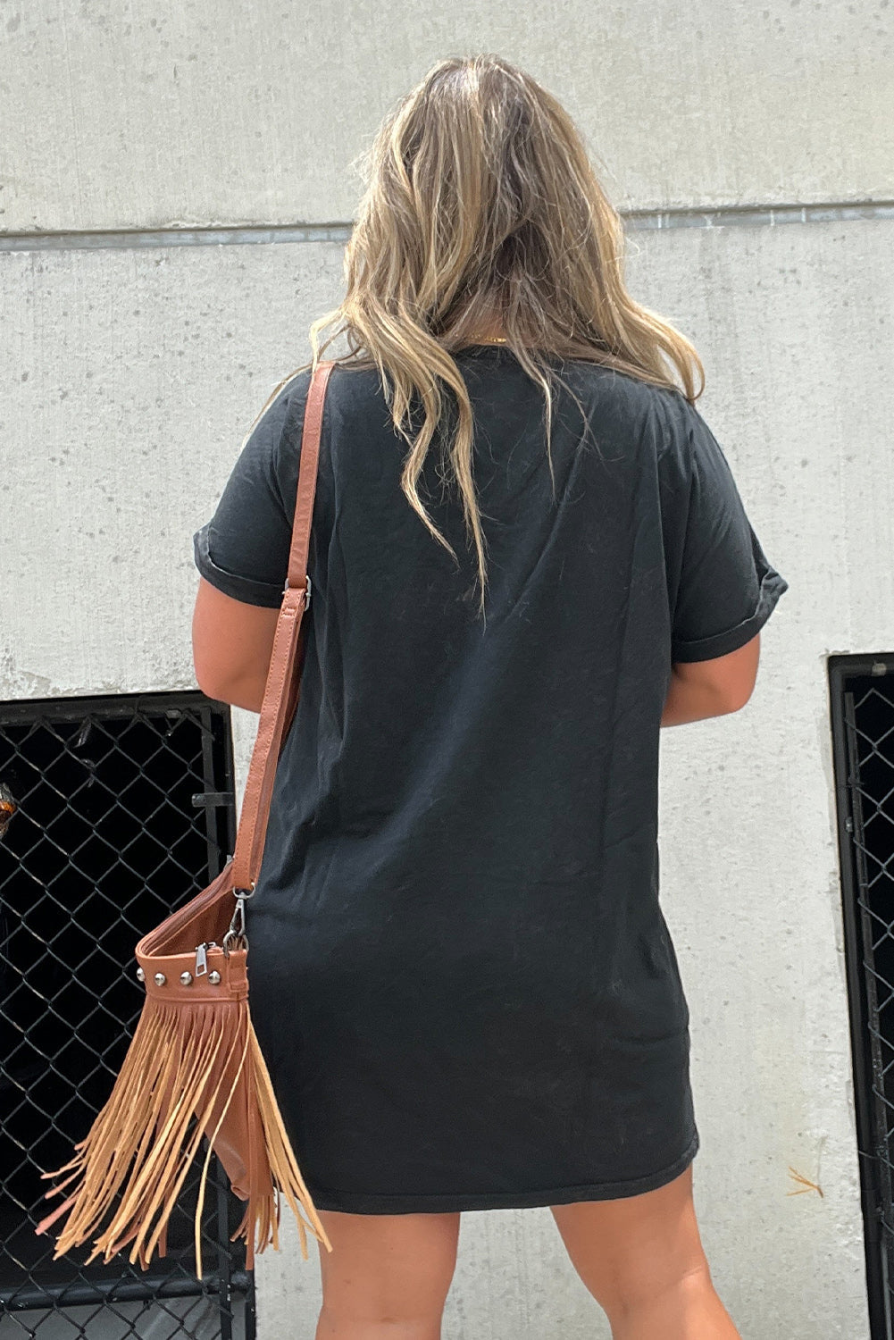 Black Graphic Round Neck Short Sleeve Tee Dress Trendy Casual T-Shirt Dress for Women