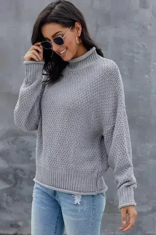 New Gray Chunky Batwing Long Sleeve Turtleneck Sweater